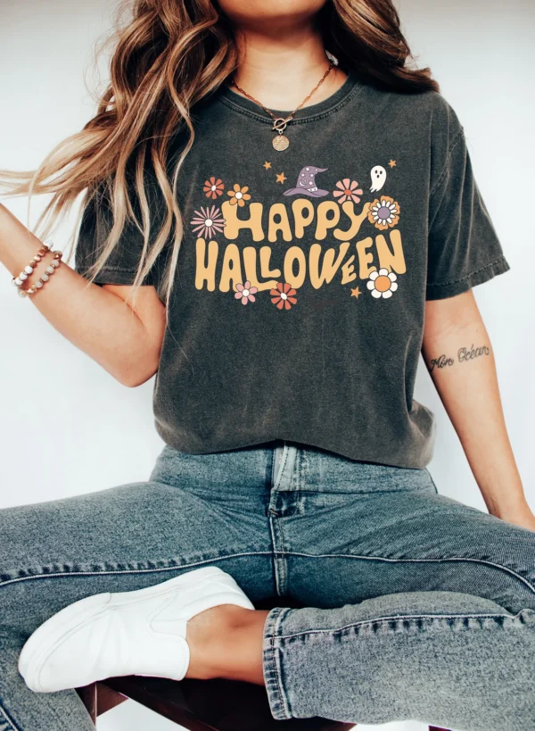 Retro Halloween Shirt – Happy Halloween Boho Shirt – Vintage Ghost Halloween Shirt – Witch Shirt – Retro Fall Shirt – Fall Shirt