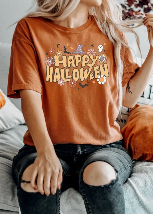 Retro Halloween Shirt – Happy Halloween Boho Shirt – Vintage Ghost Halloween Shirt – Witch Shirt – Retro Fall Shirt – Fall Shirt