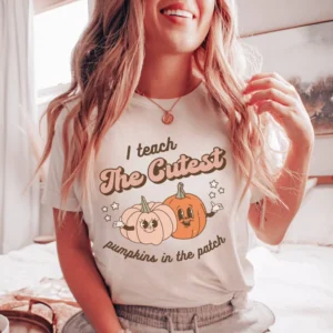 Retro Halloween Teacher Tee – I Teach The Cutest Pumpkins In The Patch Shirt – Funny Halloween Fall Teacher Tee – Autumn Fall Gift