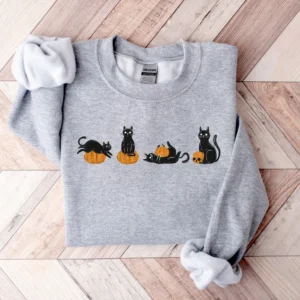 Halloween Cat Sweatshirt – Black Cat & Pumpkin Sweater – Cool Halloween Cat Shirt – Cat Lover Gift – Black Cat Shirt – Spooky Season