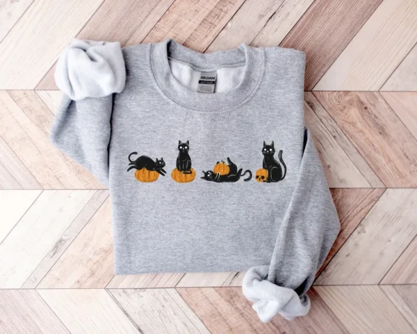 Halloween Cat Sweatshirt – Black Cat & Pumpkin Sweater – Cool Halloween Cat Shirt – Cat Lover Gift – Black Cat Shirt – Spooky Season