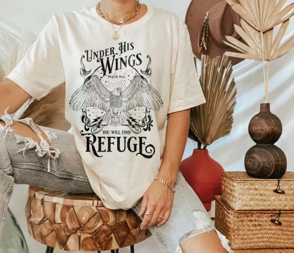 Under His Wings Christian T-Shirt, Jesus, Worship, Bible Verse Apparel for Men & Women