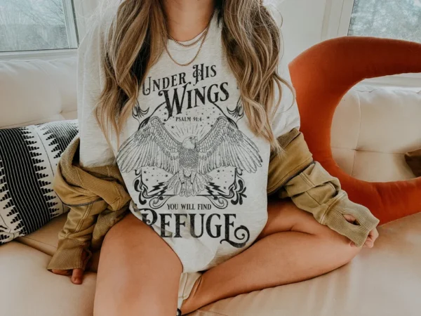 Under His Wings Christian T-Shirt, Jesus, Worship, Bible Verse Apparel for Men & Women